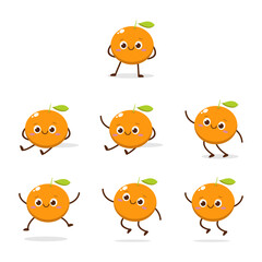 Cute Smiling Orange Character. Kawaii Orange Fruit Mascot Style Vector. Cute vector character set in various action emotions. Collection symbols isolated on a white background