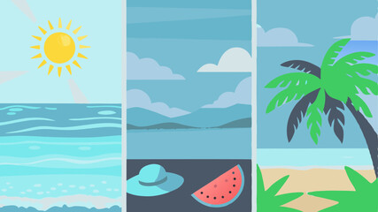 Three panels showing a sunny beach scene, a lake with a hat and watermelon, and a palm tree scene