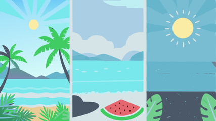 Obraz premium Three panels depicting tropical scenes with palm trees, beach, ocean, sun, watermelon and leaves