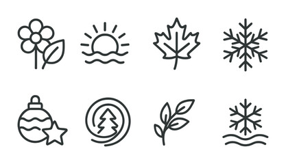 Seasons and nature outline icons set – line, silhouette, weather and foliage symbols