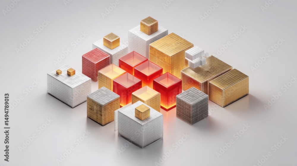 Poster vibrant group of cubes emitting red light representing blockchain-powered fibonacci-based trade resu