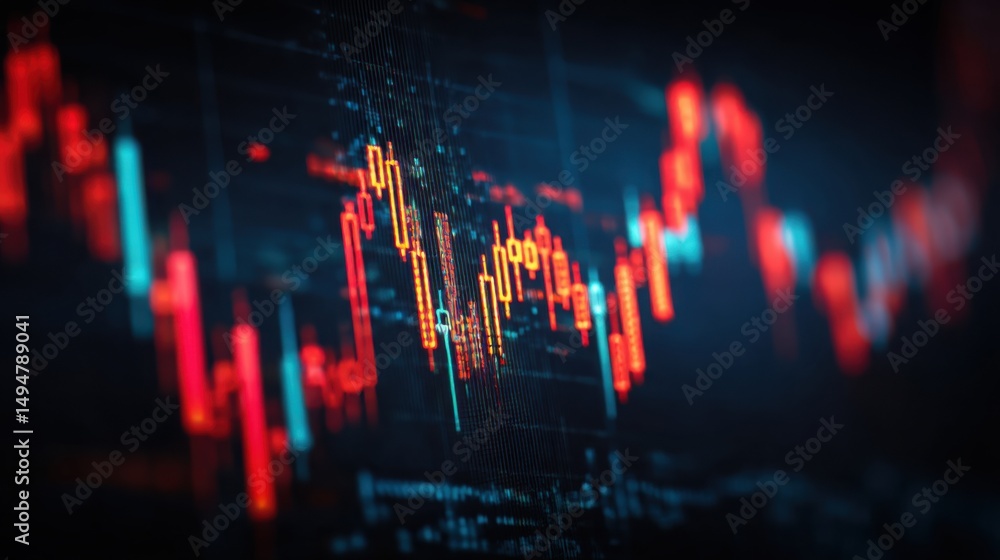 Poster dynamic stock market chart illustrating blockchain-powered fibonacci-based trade result archives and