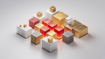 Obraz premium Vibrant group of cubes emitting red light representing blockchain-powered fibonacci-based trade result archives and insights