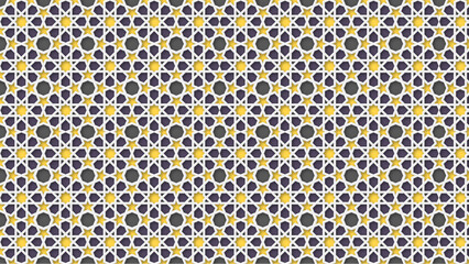 Geometric pattern with stars and circles on a dark background with white line details