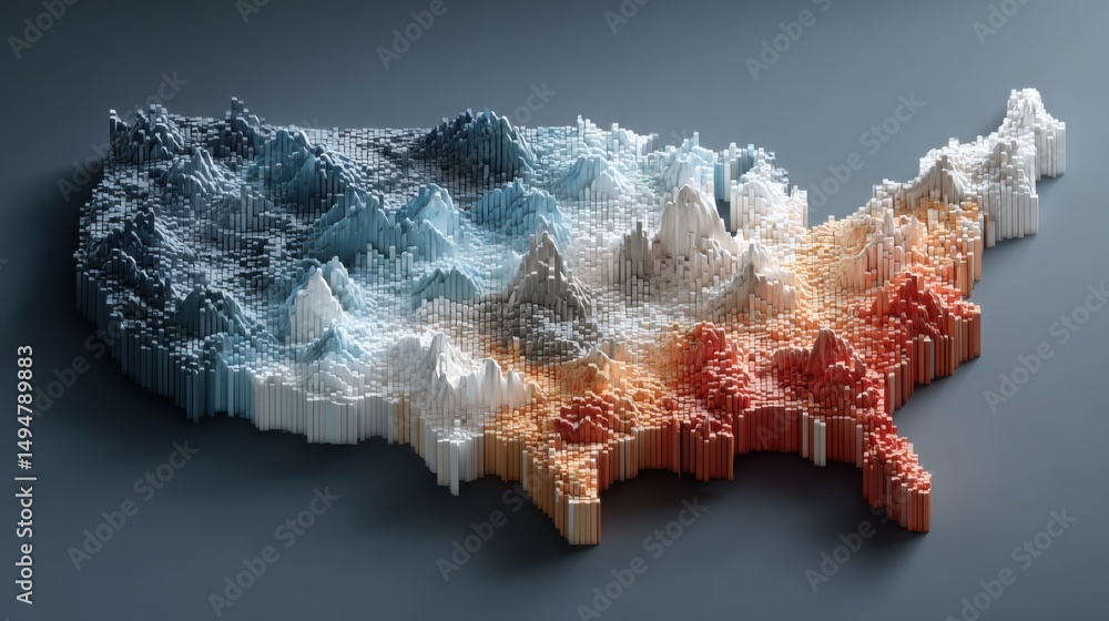 Poster a detailed map of the united states representing economic sentiment within a blockchain tracked fibo