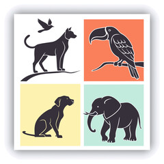 A group of black and white illustrations featuring the silhouettes of trees and wild forest animals, including deer, fawn, doe, fox, wolf, owl, bird of prey, and squirrel