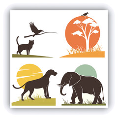 A group of black and white illustrations featuring the silhouettes of trees and wild forest animals, including deer, fawn, doe, fox, wolf, owl, bird of prey, and squirrel