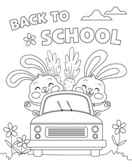 bunnies back to school coloring book. Kids coloring book with black lines isolated on white background
