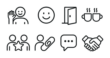Communication and greetings icons set – outline, line, social and interaction symbols