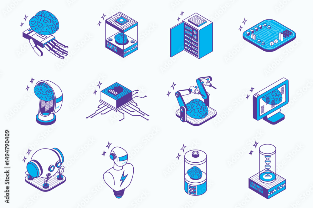 Poster Artificial intelligence concept 3d isometric icons set for web isometry design. Collection elements of smart robot brains, intellect engineering, ai, machine learning, chip, more. Vector illustration.