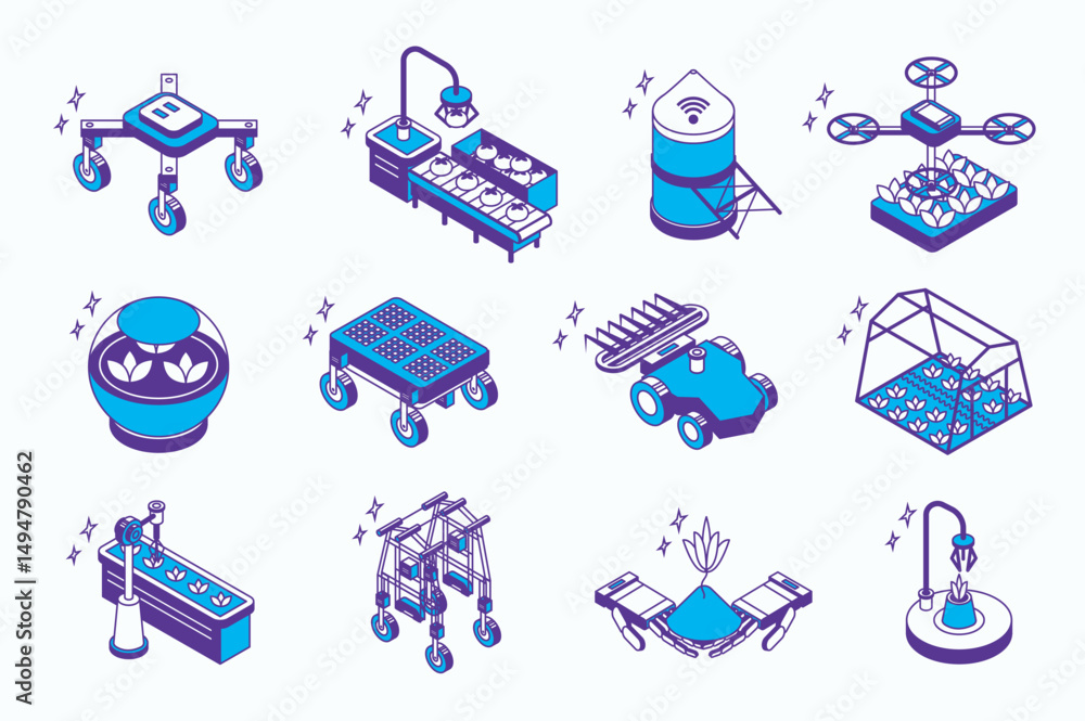 Poster agriculture robotization concept 3d isometric icons set for web isometry design. collection elements