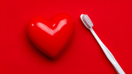 Bright red heart symbol and white toothbrush on solid red background for health awareness