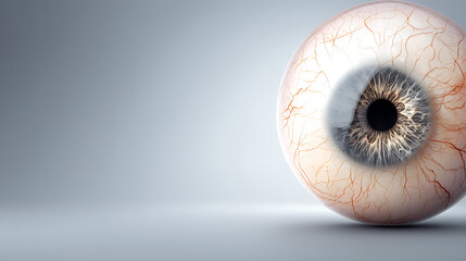 Close-up of human eyeball with visible blood vessels on a gradient grey background in a studio setting, showcasing intricate eye structure