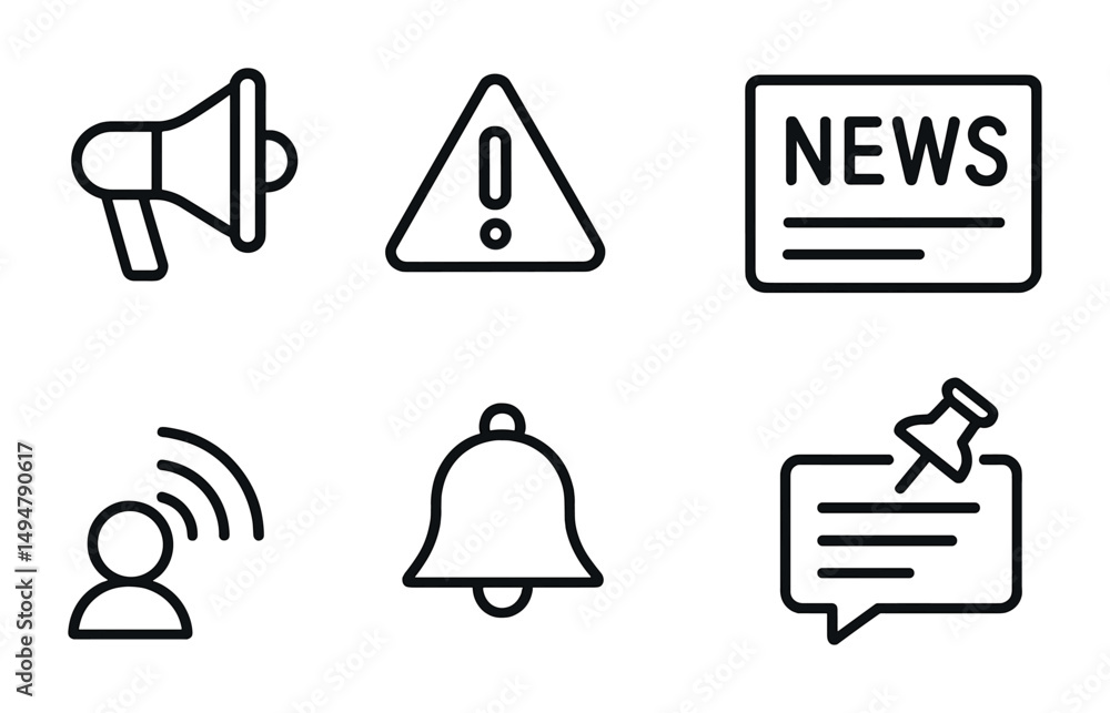 Poster communication and alert icons set – linear, outline, notification and message symbols