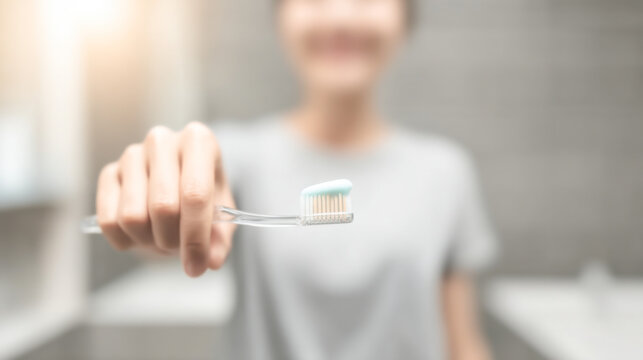 Morning routine highlights individual's dental care with toothbrush and toothpaste - Powered by Adobe