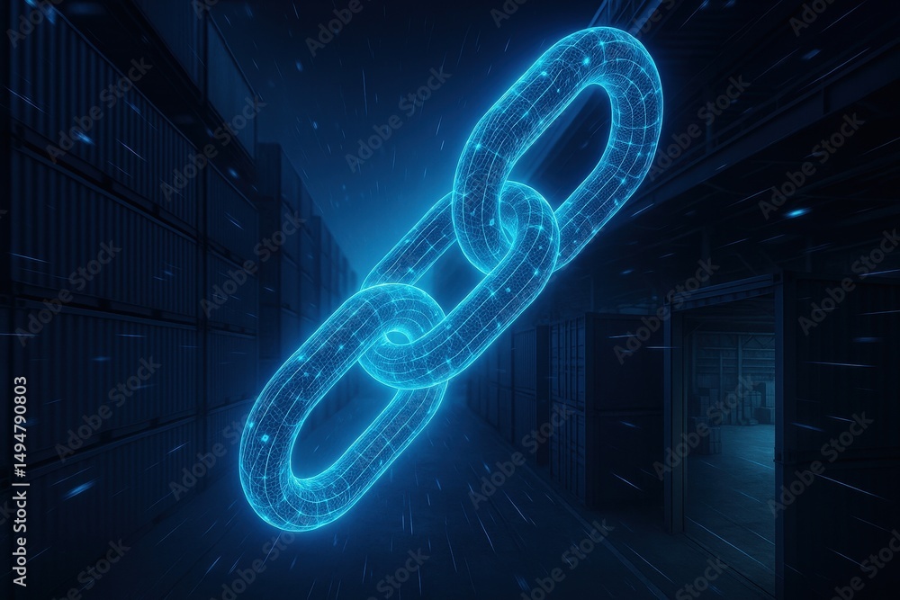Poster a glowing digital chain link hovers in a dark, high-tech environment, symbolizing blockchain and sec