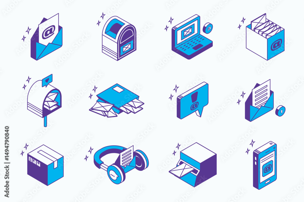 Leinwandbilder Email service concept 3d isometric icons set for web isometry design. Collection elements of letter envelope, mailbox, internet message, contact, mail, connection, support, more. Vector illustration.