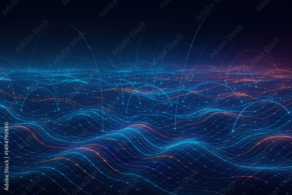 Poster abstract digital waves and glowing data points create a futuristic network landscape with blue and o