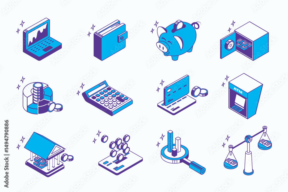 Poster finance management concept 3d isometric icons set for web isometry design. collection elements of gr
