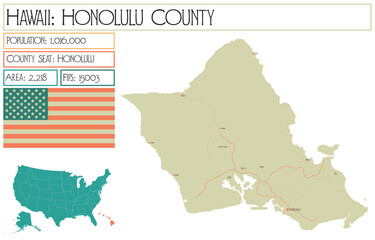 Large and detailed map of Honolulu County in Hawaii USA.