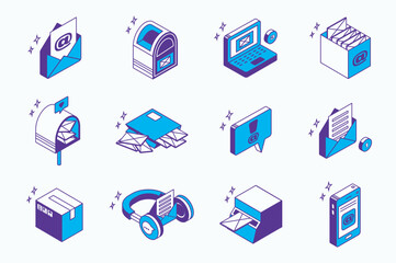Email service concept 3d isometric icons set for web isometry design. Collection elements of letter envelope, mailbox, internet message, contact, mail, connection, support, more. Vector illustration.