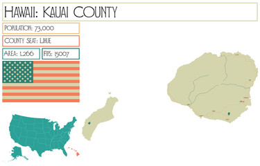 Large and detailed map of Kauai County in Hawaii USA.