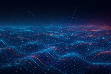Abstract digital waves and glowing data points create a futuristic network landscape with blue and orange light trails.