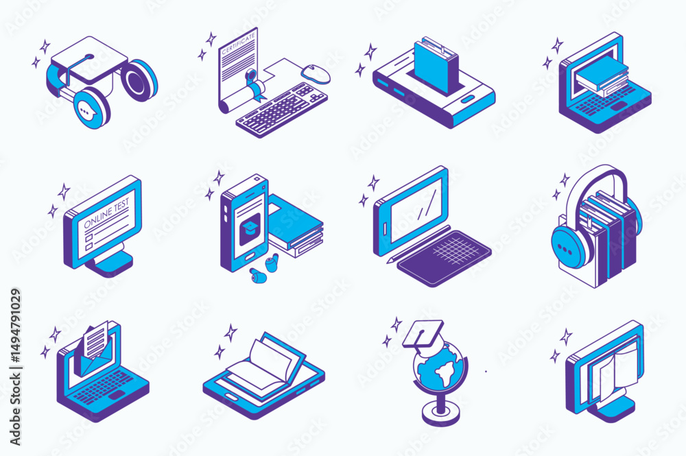 Leinwandbilder online education concept 3d isometric icons set for web isometry design. collection elements of vide