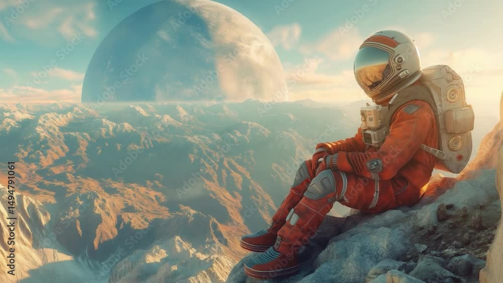 Poster astronaut resting on a rocky surface with a distant planet in the background during a serene cosmic 