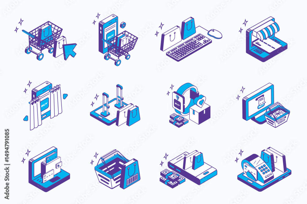 Aufkleber online shopping concept 3d isometric icons set for web isometry design. collection elements of order