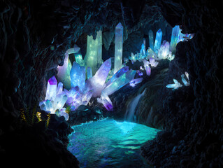 Obraz premium Magical glowing crystal cave with waterfall and luminous pool.