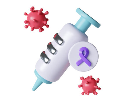 Vaccine Syringe with Purple Ribbon for Cancer Awareness. World Cancer Day concept, February 4. Raise awareness, prevention, detection, treatment. Icon design 3d illustration