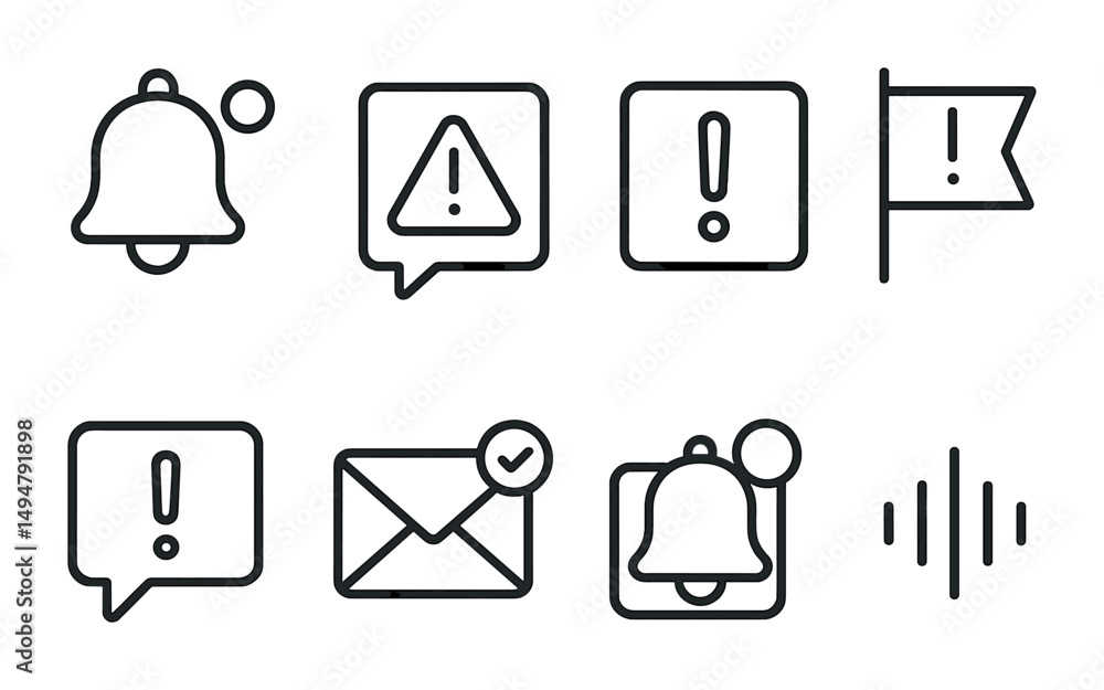 Poster notification and alert outline icons set – linear, simple, warning and message symbols