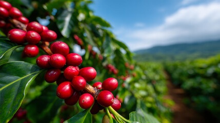 Obraz premium Coffee cherries ripening on the branch in lush fields under a blue sky