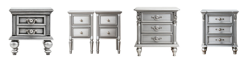 A set of elegant classic bedroom furniture in a silver gray finish  long title A collection of classic ornate bedroom furniture pieces including a