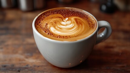 Latte art in white mug on wooden table, coffee shop atmosphere