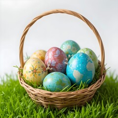 Easter eggs in a basket, placed on a white background.