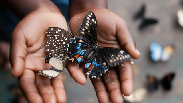 Child's Hands Holding Colorful Butterflies, Close-Up View of Papilio and Graphium Species, Conservation and Nature Concept