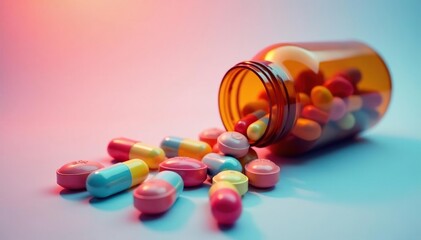 Colorful antibiotic vitamin pills spilling from bottle, bottle, health, pharmaceuticals