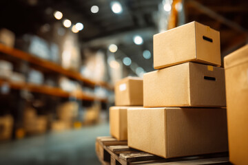 Boxes stacked on wooden pallet in warehouse during busy logistics operations