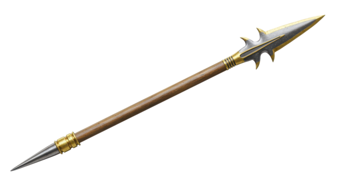 Isolated Spear with Wooden Shaft and Golden Accents
