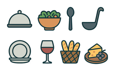 Fototapeta premium Dining and cuisine icons set – outline, line, food and beverage symbols