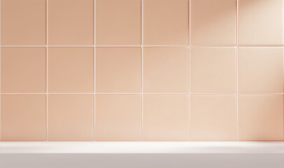 3d kitchen or bathroom scene with white table and beige tile background. Realistic room with shelf for product display