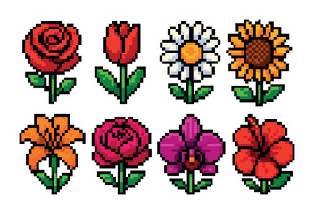 Floral pixel art icons set – vibrant, colorful botanical elements and design