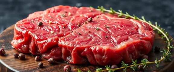 Juicy raw ribeye steak seasoned with thyme and peppercorns, cattle, protein