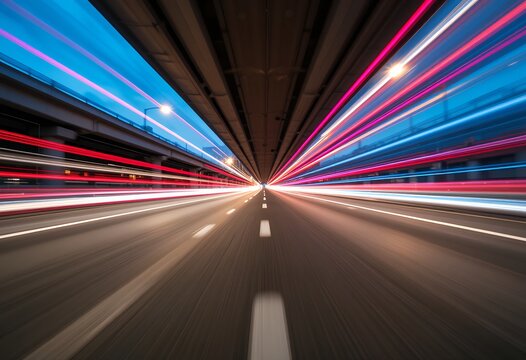 Dynamic long exposure shot capturing colorful light trails inside urban tunnel at night