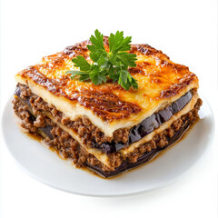 A traditional Greek moussaka with layers of eggplant, spiced ground lamb, and creamy bÃ©chamel sauce, baked until golden brown. Served in generous slices and garnished with parsley, this hearty dish