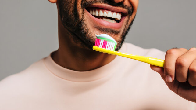 Man smiling while brushing teeth with a colorful toothbrush in a bright setting - Powered by Adobe