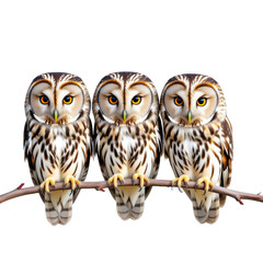 Three Owls on Branch, Isolated Transparent Background