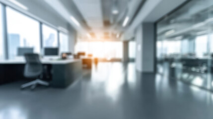 Modern office interior with soft lighting and open workspace in urban setting during sunset